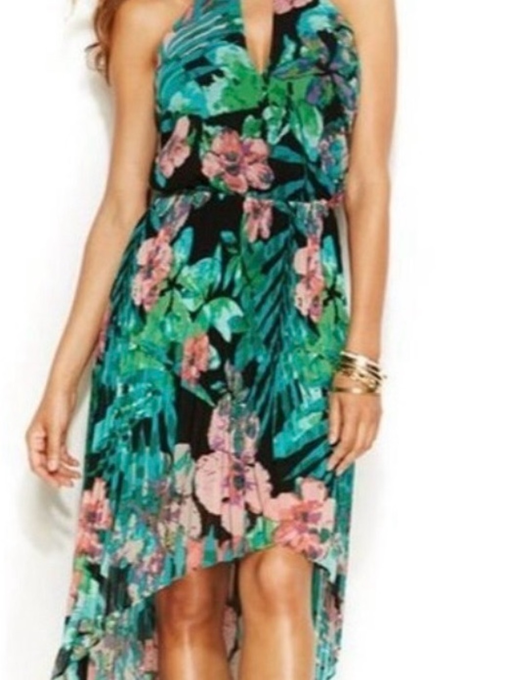 Thalia Sodi Black High-Low Halter Dress with Green and Pink Floral Print